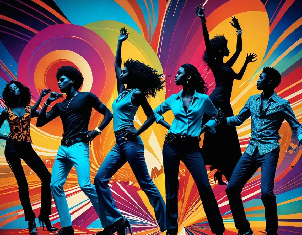 A vibrant montage of fashion items like stylish clothing and accessories seamlessly blending with musical elements like instruments and sound waves. The background should be a burst of colors symbolizing creativity and innovation, with silhouettes of people dancing and creating art. Include abstract patterns to represent trends and inspiration. super-realistic. vibrant colors. abstract background.