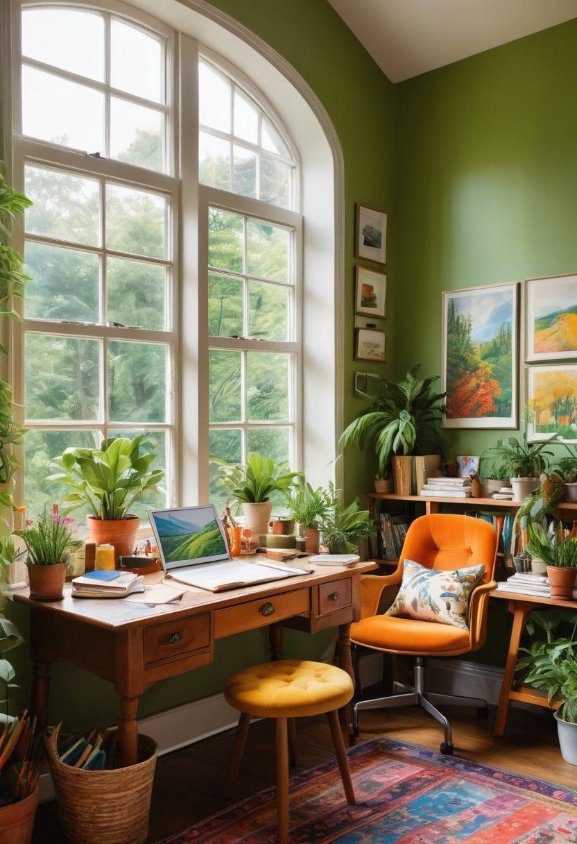 A whimsical workspace filled with vibrant art supplies, sketchbooks, and a laptop displaying creative sketches. Natural light streaming in from a window, illuminating colorful paintings on the walls and plants adding a touch of nature. A cozy corner with a comfortable chair inviting viewers to explore their creativity. Bright, cheerful atmosphere with a sense of inspiration and exploration. super-realistic. vibrant colors. cozy aesthetic.