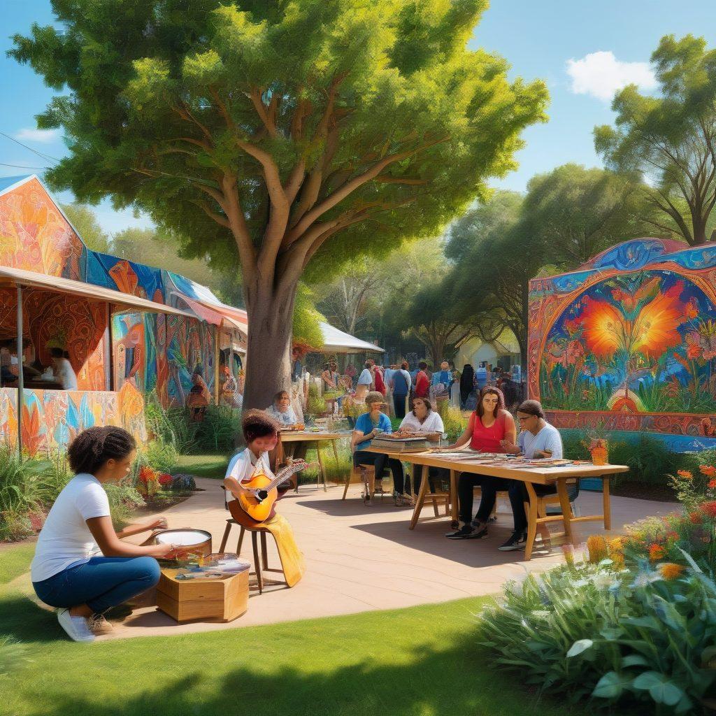 A vivid scene depicting a diverse group of people engaging in various social hobbies such as painting, playing music, and crafting in a colorful community park. The background features creative murals that reflect different cultures, while nearby plants and trees add a touch of nature. The atmosphere is lively and inviting, filled with laughter and collaboration. super-realistic. vibrant colors. 3D.